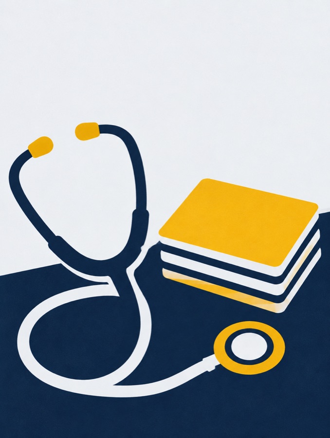 Sample cover art: a stethoscope and a stack of flashcards in navy and marigold.