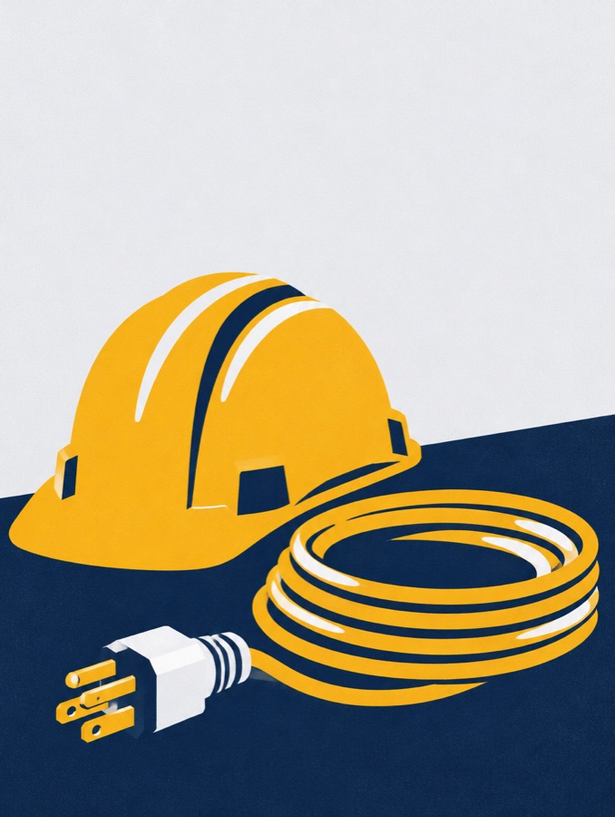Sample cover art: a hard hat, a coil of wire and a plug in navy and marigold.