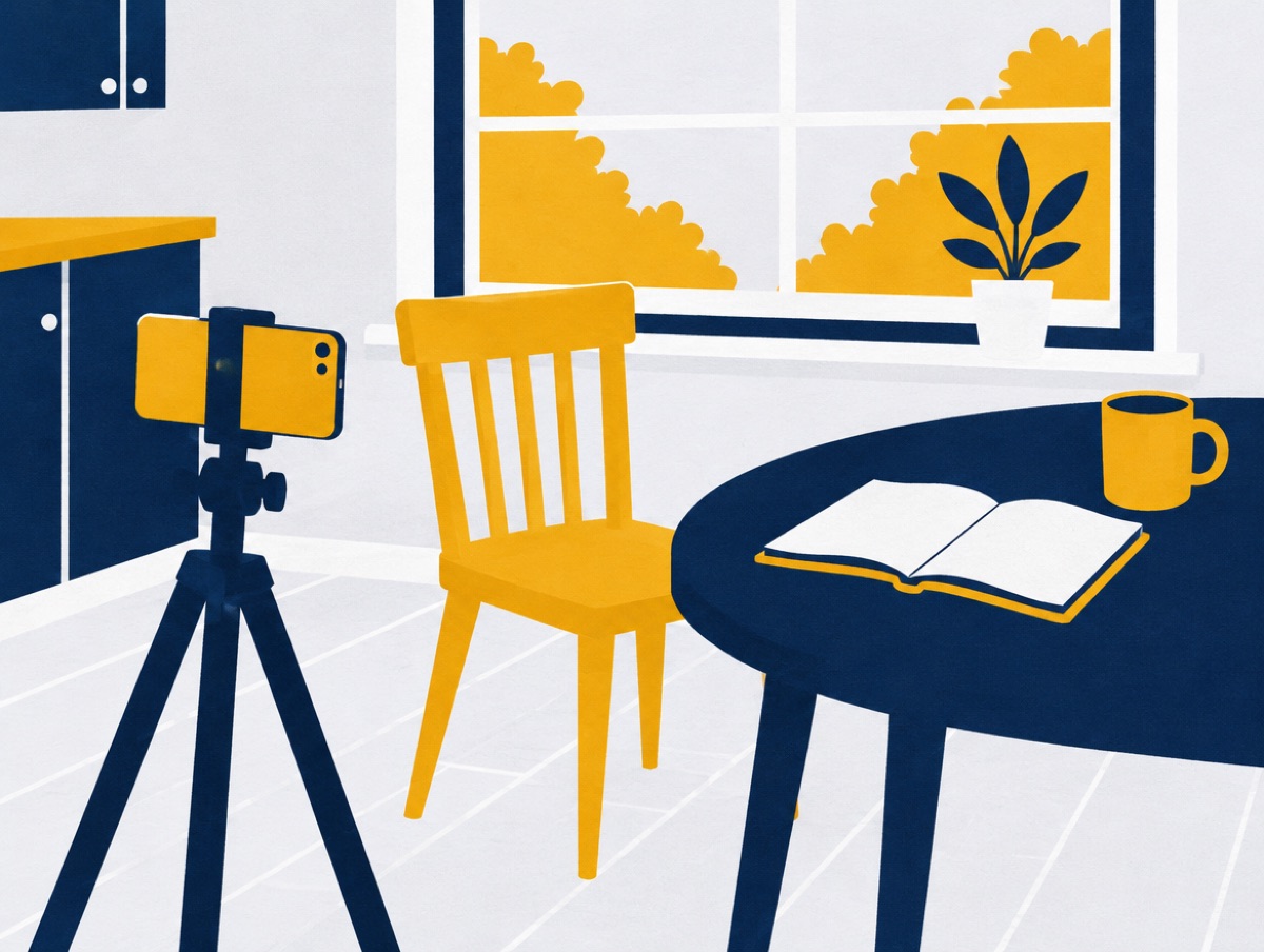 A drawing of a phone on a tripod pointed at an empty chair by a kitchen table, with a notebook and a mug.