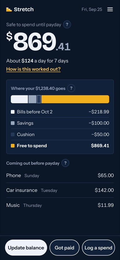 The Stretch app home screen. It shows $869.41 safe to spend until payday, and where the rest of the balance goes.
